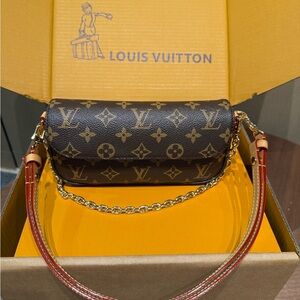 Louis Vuitton Brown Monogram Clutch with Red Strap